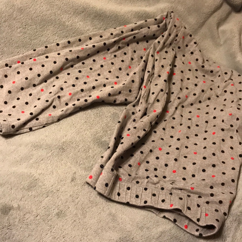 Gray with black and red polka dots